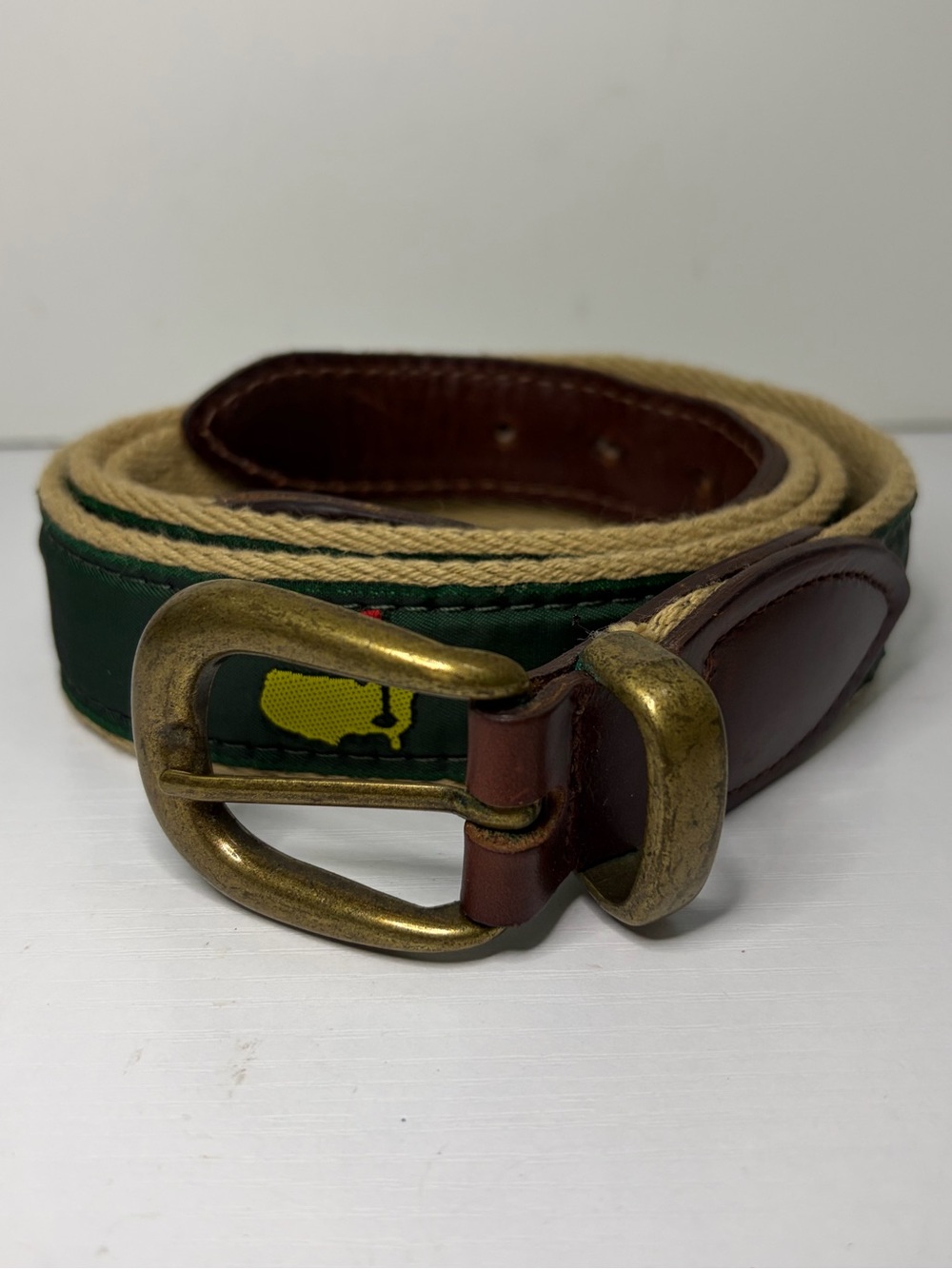 Masters Green & Tan Canvas Masters Logo Embroidered Brown Leather Trim Size 40